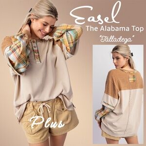 EASEL "Alabama Top - Talladega" Loose Fit Henley Layered Look Mineral Washed Top